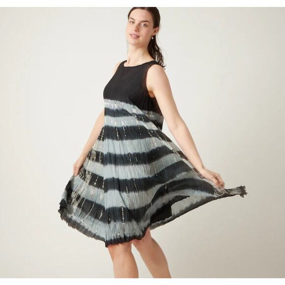 Viviana Uchitel Swing Dress Black Metallic Aqua Silver Gray Pleated $560 EUC - Picture 7 of 7